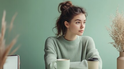 At a light green desk, a young woman focuses on her podcast recording, coffee in hand. The soft green background complements the calm and professional vibe of the setting.