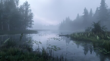 Wall Mural - Misty Forest Lake - Tranquil Nature Photography