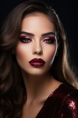 Fashion woman with makeup with burgundy lips and glitter eyeshadow close-up. Beauty girl with glossy dark red lipstick. Luxury evening make-up. Metallic glow style