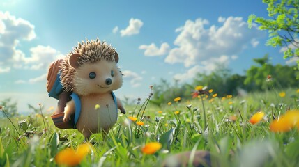 Poster - A cute cartoon hedgehog with a backpack walks through a field of flowers.