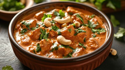 Indian kaju masala in a traditional dish, with a creamy sauce and vibrant spices, garnished with fresh herbs and cashews