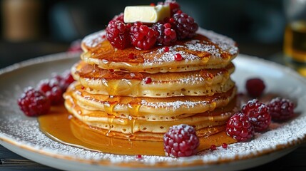 Poster - Stack of Pancakes with Syrup and Berries