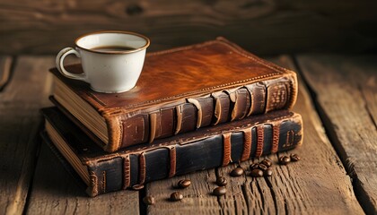 Wall Mural - Cozy Reading Nook with Vintage Leather Books and Fresh Coffee on Rustic Wooden Table