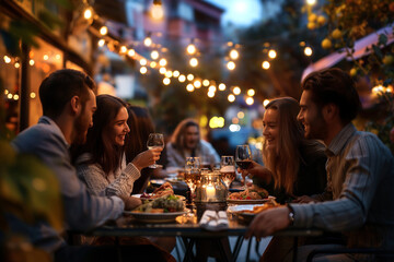 Group of friends enjoy having dinner at outdoors restaurant. Meeting, party, celebrate concept