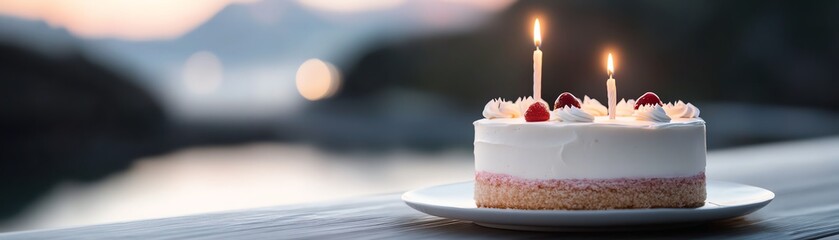 Celebratory cake with two lit candles on a lakeside table at sunset, adorned with cherries and cream. Tranquil and picturesque birthday scene.