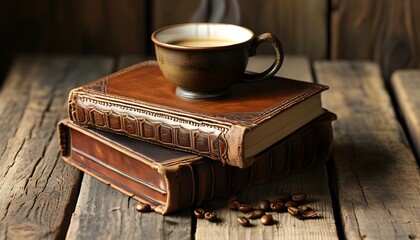 Wall Mural - Cozy Reading Nook with Vintage Leather Books and Fresh Coffee on Rustic Wooden Table