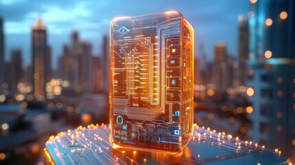 Wall Mural - Transparent skyscraper filled with glowing circuits, symbolizing digital businesses