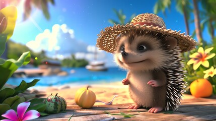 Sticker - A cute cartoon hedgehog wearing a straw hat on a beach.