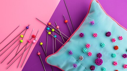 Wall Mural - Pillow for needles and bright colored pins on pink and purple background