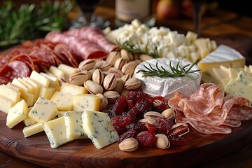 Wall Mural - Appetizer platter with cheese, salami and pistachios