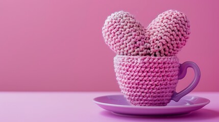 Wall Mural - Pink handmade crochet heart in waffle cup on pink and purple background