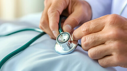 A close-up view of a doctor’s hands adjusting a stethoscope on a patient during a medical examination, symbolizing professional healthcare and patient care in a clinical setting.