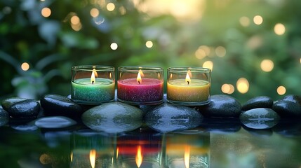 Wall Mural - cute colorful rainbow candles, glasses arranged on stones with water