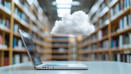 Poster - Cloud computing transfer big data on internet. futuristic digital technology.A laptop on a desk with a cloud hovering above it, set in a blurred library background.