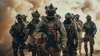 Modern soldiers in dusty warzone fully equipped facing camera in military formation. Concept Military Action, Warzone Photoshoot, Soldier Portraits, Modern Warfare, Tactical Poses.