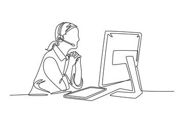 Wall Mural - Single one line drawing of female call center worker sitting in front of computer answering phone from buyer. Customer service business concept. Continuous line draw design graphic vector illustration