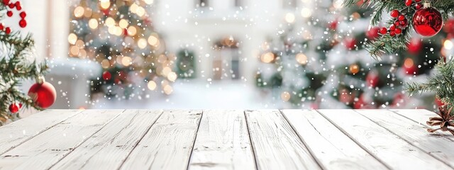 white table on the background of snowy nature. Selective focus