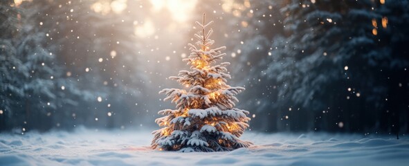 winter background - snow-covered christmas tree with a garland with yellow light. christmas trees in