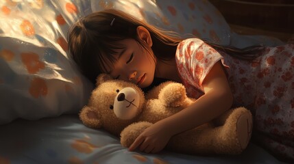 Wall Mural - The little Asian girl lies on her side, clutching her teddy bear.