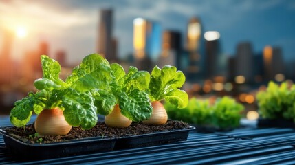 Canvas Print - Modern urban organic farm on a rooftop, cityscape in the background, sustainability in urban areas