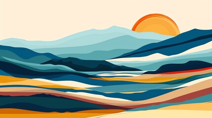 Poster - Abstract illustration of a sun setting over a mountain range.