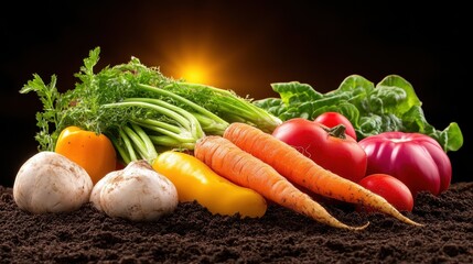 Wall Mural - Close-up of organic vegetables on rich soil, vibrant colors symbolizing sustainability