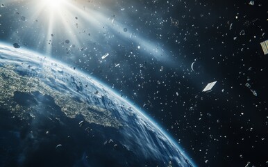 3D illustration of a huge cloud of satellites, trash and debris surrounding planet Earth. High quality digital space art in 5K for an ultra realistic look.