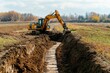 © id512 - excavator digging trench in rural field for construction project, heavy equipment used for land development and infrastructure installation in agricultural area