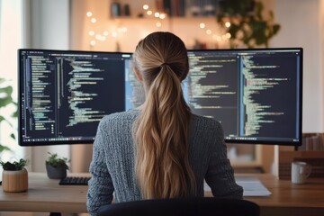female software developer coding application on wide monitor, writing code, web development and software engineering project