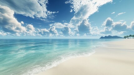 Poster - Visualize a dreamy beachscape where fluffy clouds drift lazily across the sky, with the soft sand and crystal-clear water creating a perfect, relaxing retreat