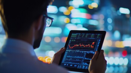 Canvas Print - a Businessman Analytics stock market on Tablet Computer,shot from behind over shoulder ,generative ai