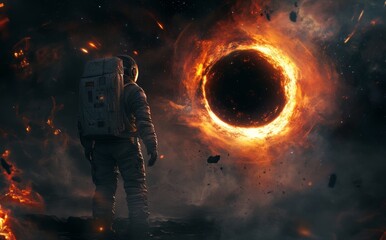 An astronaut looks into a black hole and event horizon in a 3D illustration.