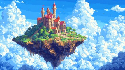 Pixel art of a medieval castle perched atop a floating island in a dreamy cloudscape, with vibrant colors and intricate detail.