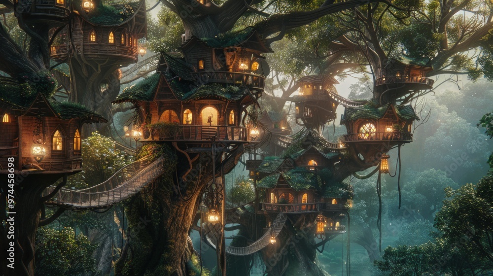 Picture a vibrant elven city built into the trees of a mystical forest ...
