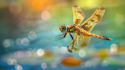 Dragonfly over the pond close up