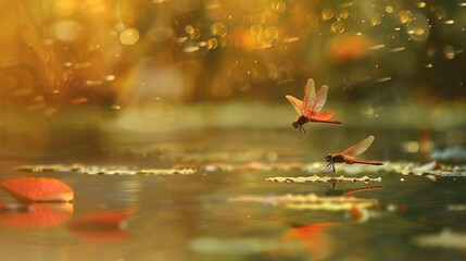 Dragonfly over the pond close up