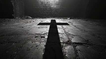 A dramatic cross shadow cast on a cement wall, creating a strong contrast between light and dark