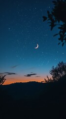 Wall Mural - Crescent Moon and Stars in the Night Sky Over Silhouetted Trees.