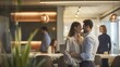 © Firenze - Modern office couple discreetly exchanging smiles during break, capturing subtle workplace romance and connection amidst blurred coworkers