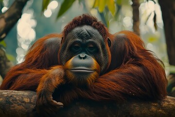 An orangutan rests its head and arm on a tree branch, gazing calmly into the distance with a contemplative expression, surrounded by the lush greenery of the jungle.