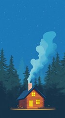 Wall Mural - Cozy Cabin in the Woods at Night.