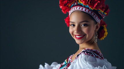 Smiling young hispanic dancer in traditional costume showcases vibrant culture and joy, adorned with colorful flowers and intricate details