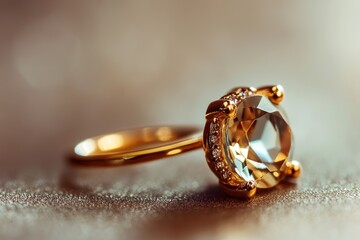 Wall Mural - A close-up of a golden ring featuring a large gemstone and smaller diamonds.