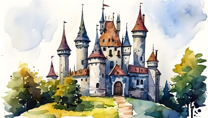 Enchanted watercolor depiction of a fairytale castle adorned with whimsical towers and spires