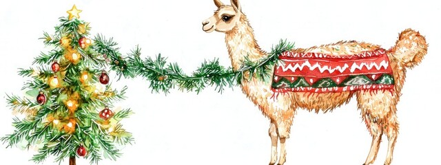 llama with a Christmas tree on a white background. Selective focus