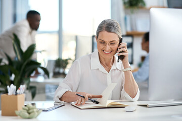 Poster - Phone call, notes and mature woman in office with smile, contact and creative planning at digital agency. Smartphone, designer or consultant at tech startup with communication in coworking space