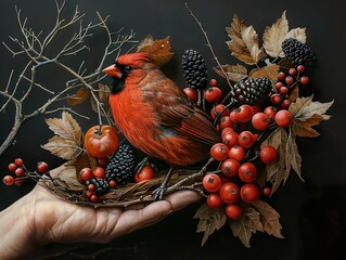 Wall Mural - Red Cardinal Bird in Autumnal Nest