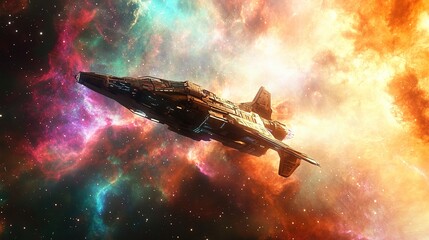 Spaceship soaring through colorful cosmic nebula