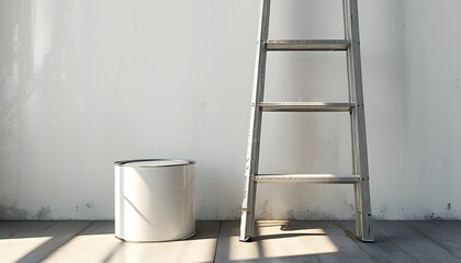 Serene scene of a white paint can and silver ladder against a blank wall illuminated by gentle sunlight