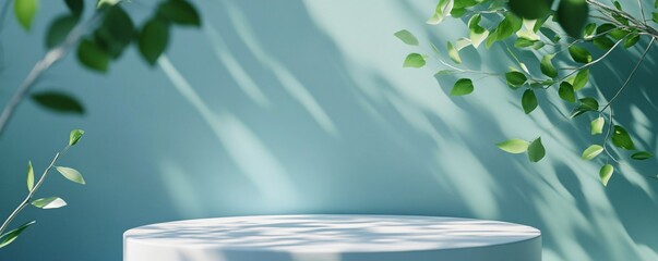 White podium displaying on green background with tree branches and sunlight